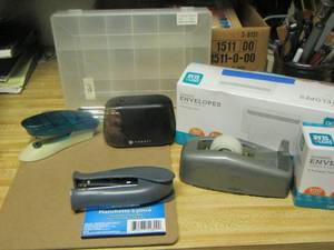 lot 626 image: envelopes, tape, sharpener, staplers, clip board