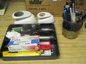 lot 630 image: paperclip, markers, pens, staplier remover, and more