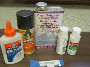 lot 652 image: elemers glue, gorilla spray adhesive, clear polyester and more used