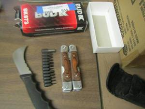 lot 655 image: survival knife, drill bits, black handled knife,