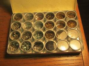 lot 681 image: qty 24 small circle jars filled with screws, tiny nails, nuts and more