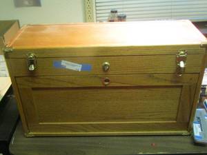 lot 12 image: WOODEN TOOLBOX  WITH CONTENTS - FORCES, PICS, CLAMPS, KNIVES  PLUS    $$$