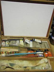 lot 685 image: artist case with used paints, paint brushes