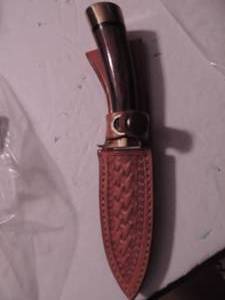 lot 160 image: browning hunting knife wood handle - 3 34 blade , 7 34 length leather belt sheath