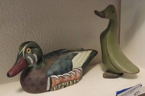 lot 431 image: DUCK DECOYS - WOOD DUCK & GREEN DECORATIVE DUCK
