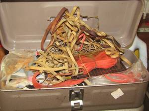 lot 1631 image: 3 metal boxes containing - rubber bands- hot glue guns-