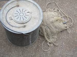 lot 1784 image: metal fishing minnow bucket and a sain net