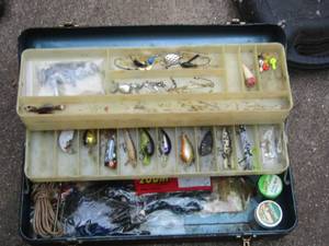 lot 1791 image: metal tackle box with various pieces of lures and fishing items