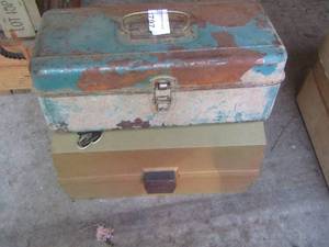 lot 1797 image: 2 tackle boxes, 1 empty, 1 has some fishing lures