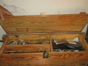 lot 1885 image: AMMO CRATE - Army box with misc. items