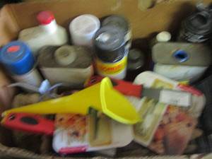 lot 1896 image: box of used chemicals, turkey lacers, mini scrapper, funnel and more