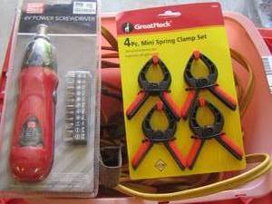 lot 1960 image: 4pc mini spring clamp set, 6v power screwdriver with bits