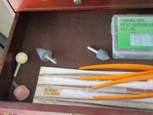 lot 1971 image: tubing set heat - shrinkable, tweezers, drill bits
