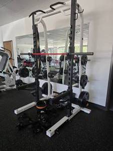 lot 2 image: Precor DBR-611 Half Squat Rack w Rogue Bar, GP Urethane Olympic Plates & Belts.  Weights Include 45lb (Qty 6), 25lb (Qty 4), 10lb (Qty 6), 5lb (Qty 8) & 2.5lb (Qty 8)