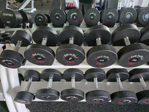 lot 72 image: Set of 5 Denali USA Pro Style Urethane Dumbbells.  Includes 1 of Each Dumbbell 30lb, 35lb, 40lb, 45lb & 50lb
