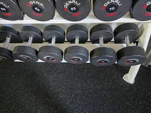 lot 75 image: Set of 5 Denali USA Pro Style Urethane Dumbbells.  Includes 1 of Each Dumbbell 55lb, 60lb, 65lb, 70lb & 75lb