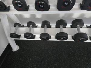 lot 79 image: Set of 5 Denali USA Pro Style Urethane Dumbbells.  Includes 1 of Each Dumbbell 5lb, 10lb, 15lb, 20lb & 25lb