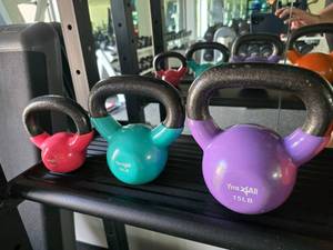 lot 89 image: Lot of 3 Yes 4 All Coated Kettle Bells.  Includes 5lb, 10lb & 15lb
