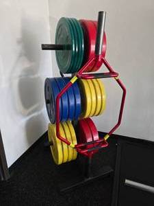 lot 123 image: Set of CAP Barbell Olympic Size Color Premium Bumper Plates w Steel Inserts, Stand, Red Hex Weight Bar & Rogue Curl Bar.  Weights Include 45lb (Qty 4), 35lb (Qty 4), 25lb (Qty 8) & 10lb (Qty 4)