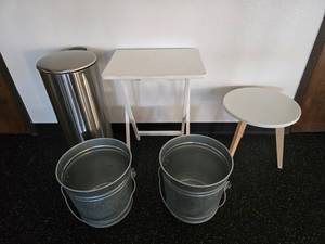 lot 137 image: Lot of Misc Buckets, Trash Can, & Small Tables