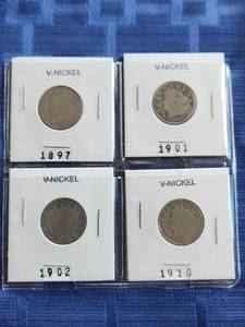 lot 17 image: Selection of 4 V-Nickels - 1897, 1901, 1902, 1910