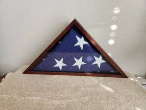 lot 2 image: Wood flag display case with American Flag inside