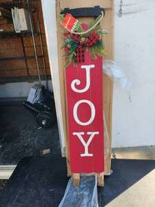 lot 186 image: Glitzhome - 40H wood red and black sleigh-Joy porch Christmas decor. with wreath