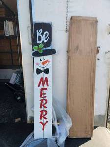 lot 187 image: Glitzhome - 42H wood Be Merry snowman porch Christmas decor.