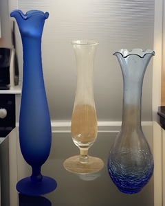 lot 42 image: Vintage Westmoreland Blue Satin Glass Bud Vase,&nbspVintage Cobalt Blue CrackleGlass Base Vase W Scalloped RuffleTop, &amp Clear Glass Footed Bud Vase