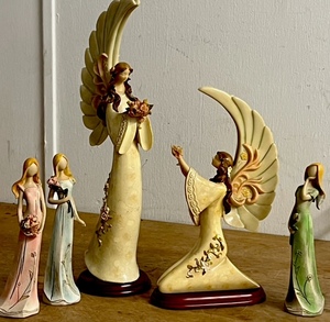 lot 84 image: Two (2) Floral Elegant Winged Mymicco Praying Angel Figurines WWooden Base &nbsp&amp Three (3) Nature Themed Bridesmaids&nbsp