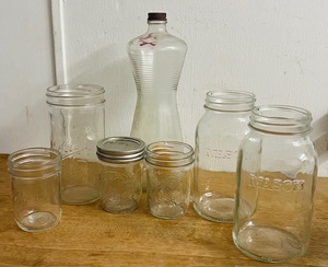 lot 97 image: Assortment of Vintage Mason Jars &amp&nbspVintage 1 Ball CurvedGlassware Model # 822-39 A8 Which Loos to be a Cooking Oil Bottle&nbsp
