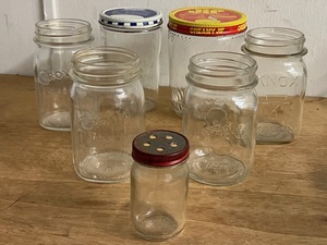 lot 98 image: Vintage Jif &amp Skippy Glass Peanut Jars and Lids, Vintage Armstrong Glass Shaker Jar, along with Hard to Find Knox, Magic, &amp Crown Mason Jars