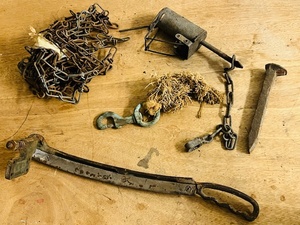 lot 108 image: One (1) Antique&nbspDog Proof (DP) Coon Trap, Along With Other Antique Collectibles
