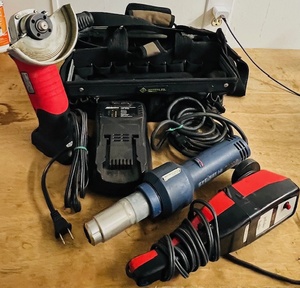 lot 127 image: AC Delco Cordless Heavy Duty Angle Grinder WCharger, Steinel HL 2000P Heat Gun, &amp Sears Polisher Polisher Buffer Model P2008 - All in a Greenlee Portable Tool Box