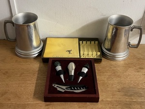 lot 145 image: Two (2) Glass Bottom Beer SteinEnglish Pewter MugTankard Made in Sheffield England, Elegant 4-in-1 Stainless Steel Wine Assessories for n Cherry Box, &amp Gift Box With Glass Picks and Napkins