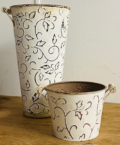 lot 158 image: Two (2) Vintage Farmhouse Whitewashed Rustic Metal BucketVase from the Hosley Classic Collection