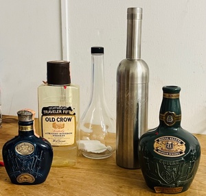 lot 181 image: Chivas Brothers LTD Royal Salute Scotch Whiskey Porcelain Blue and Green&nbspBottles,&nbspLarge Chopin Vodka Stainless Steel Cocktail Shaker, Mid-Century Clear &nbspClear Glass Liqueur Bottle from Owens-Illinois