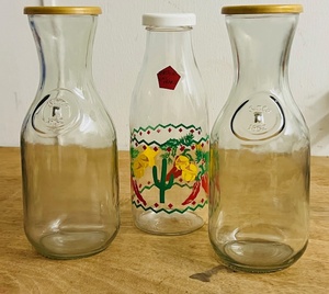 lot 182 image: Two (2) Collectible&nbspVINTAGE Paul Mason Clear Glass&nbspMilk Bottle Wine Carafe&nbspStamped Since 1852 &amp Vintage VMC Bottle from France