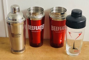 lot 183 image: Ketel One Vodka, Kahlua, &amp Two Beefeater Collectible Cocktail Shakers