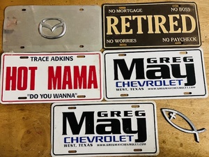 lot 192 image: Five Assorted Advertisement or Statement License Plates WChristian Fish Emblem