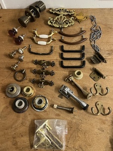 lot 256 image: Vintage Lot of Drawer and Cabinet Pulls, Door Stops, Hinges, &amp Other Assorted Hardware