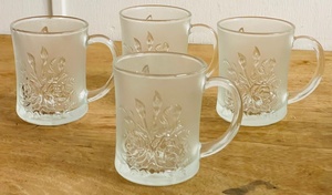 lot 262 image: Pasari Crystal Livia Clear Frosted Floral Rose GlassLot of Four (4) CupsMugs Indonesia
