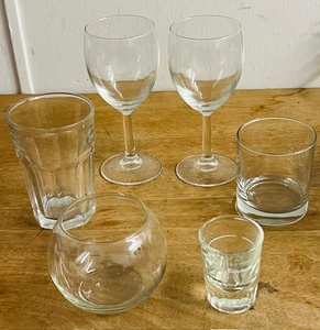 lot 264 image: Lot of Six (6) Assorted Glassware - Including Libbey Gibralter Clear Paneled 14 Oz, Libbey Impressions 12oz Double Od-Fashioned, Libbey 8oz Fish Bowl Glass, Libbey Collectible Shot Glass,&amp Two (2) Long Stemmed Crystal Wine Glasses