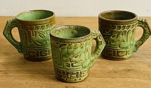lot 266 image: Lot of Three (3) Green &amp Grey&nbspFrankoma Pottery Desert Gold Coffee Mugs