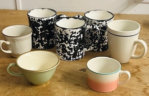 lot 269 image: Three (3) Black&nbspand White Splatterware Mugs, Gibson House Blue Stripe Coffee Mug, Vintage Baroque Hearthside Stoneware Cup, Vintage Lennox Coffee Cup WGold Rim, &amp Vintage Homer Laughlin Red, White, &amp Blue Striped Coffee Cuo
