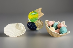 lot 302 image: Vintage Hand-Blown Partylite Fish Votive Candle Holder, Ceramic Conch Sea Shell Bowl,  & Ceramic Clam Shell TrinketSoap Dish