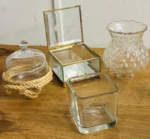 lot 327 image: Rectangle Brass And Beveled Etched Glass Trinket Box, Vintage Candy Dish WLid, 24 Eastland Clear Premium Cube Glass Votive Succulent Holder, & Vintage Clear Glass Quilr Pattern Scalloped Rim Lamp SconceChandelier Shade