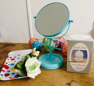 lot 332 image: Vintage CANDLE-LITE 3-Piece Potpourri Simmer Pot, Metal Mainstays Teal Two-Sided Standing Makeup Mirror, z Vintage Porcelain White Magnolia Night Light, String of Multi-Colored Lantern Lights, & Poka Dot Tray