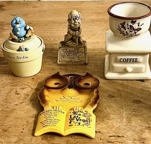 lot 234 image: Vintage Ceramic Kitchen Prayer Las Vegas &nbspWall PlaqueSpoon Rest, Paula Figure If Things Go Right Russ Berry 1975, Vintage 1970s Coffee Mill Grinder Shaped Ceramic PlanterVase, &amp Ceramic Here BirdieFlower Pot Votive Candle Holder