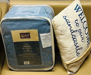 lot 218 image: Woolrich Home King Down Blanket W Welcome to Our Sandcastle Throw Pillow